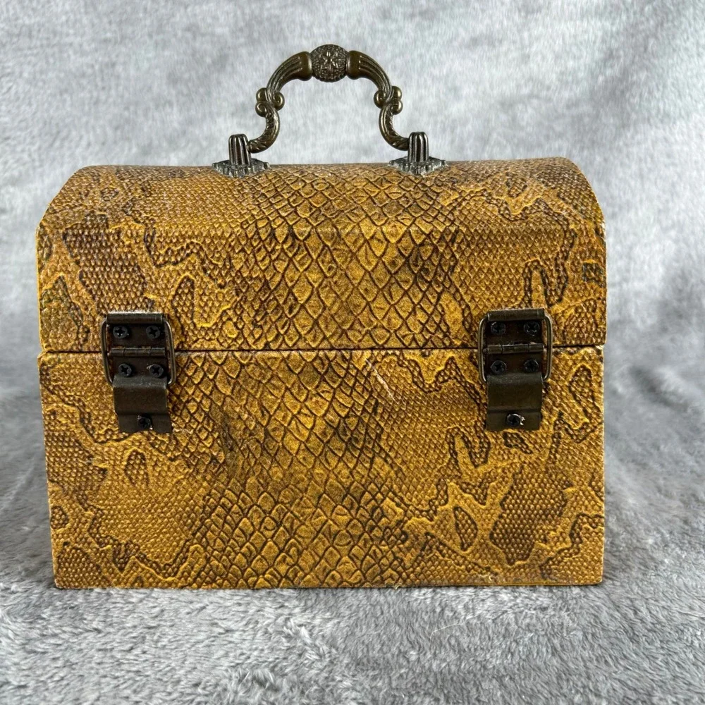 Vintage Snakeskin Embossed Treasure Chest Jewelry Box Bronze Handle Latch Yellow